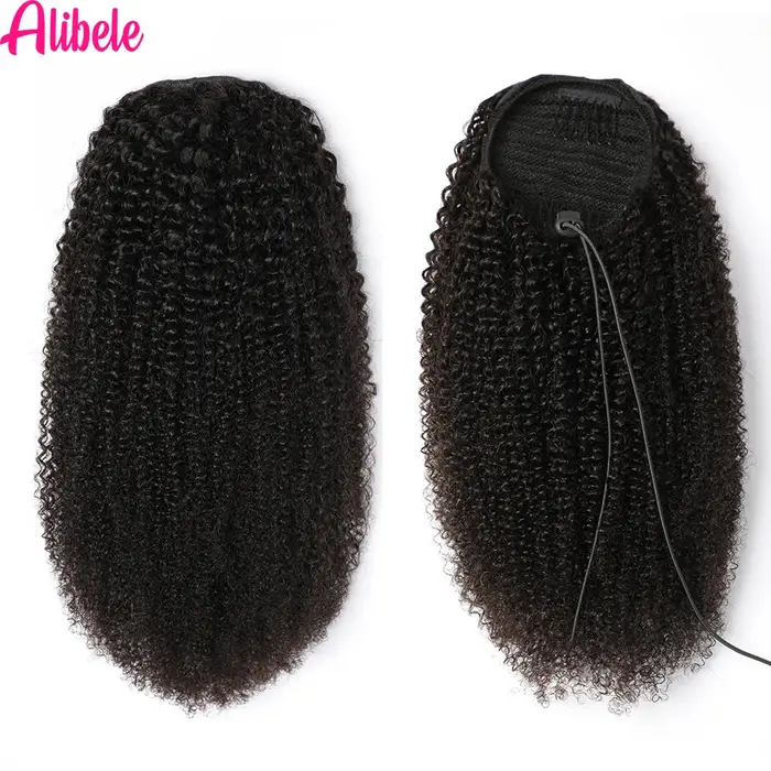 Alibele-Extensions de Cheveux Humains Crépus Bouclés Afro, Queue de Cheval Longue à Clips, 10-28 Pou