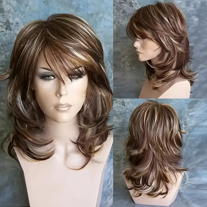 Perruque synthétique complète pour femme, ombrée/graduée, marron et blonde, avec texture ondulée lâc