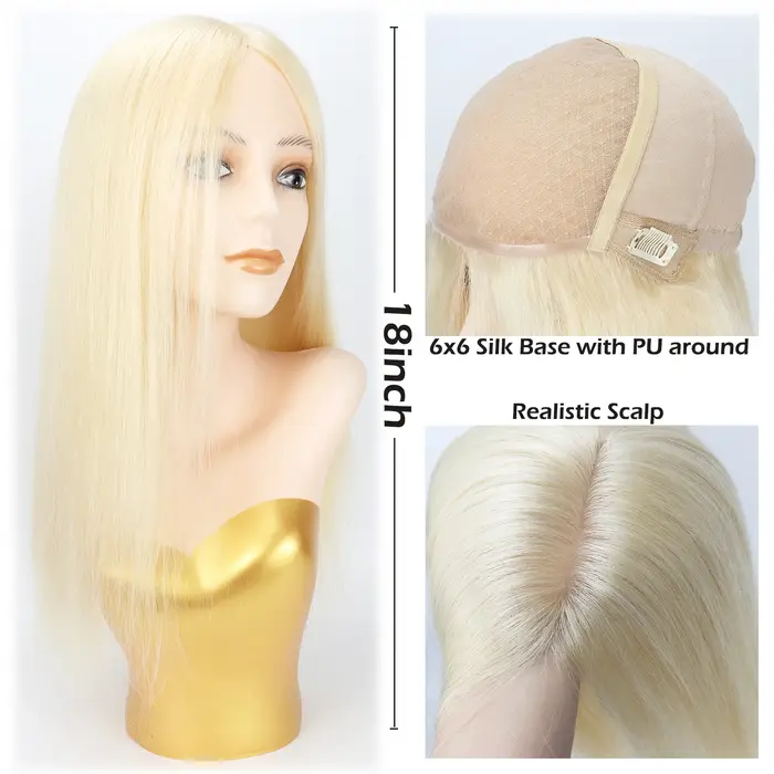 # Perruque en cheveux humains blonds 613, la plus claire, 6x6 pouces, avec dessus en soie et contour