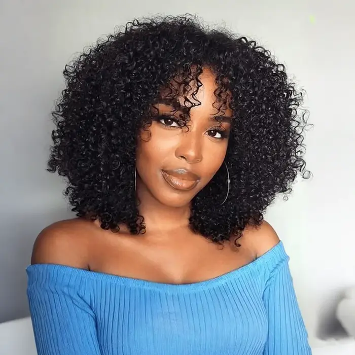 Perruques Bob Courtes Bouclées en Cheveux Humains, Perruques Afro Bouclées avec Frange, Perruques Bo