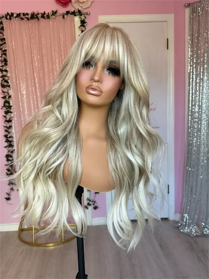 Perruque Lace Front Wig sans colle avec frange, 28 pouces, cheveux humains synthétiques de luxe, fib