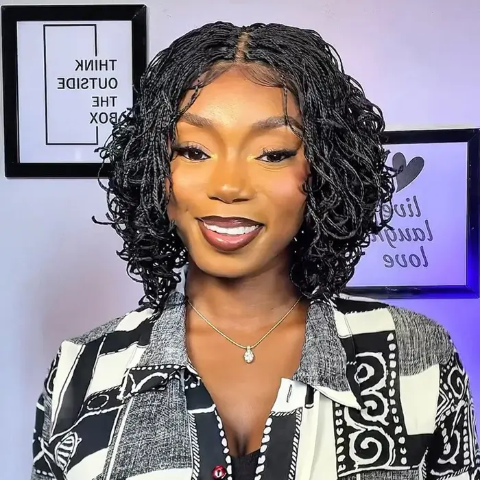 Perruque Bob tressée courte bouclée pour femmes noires, Double dentelle frontale bouclée, Micro boît