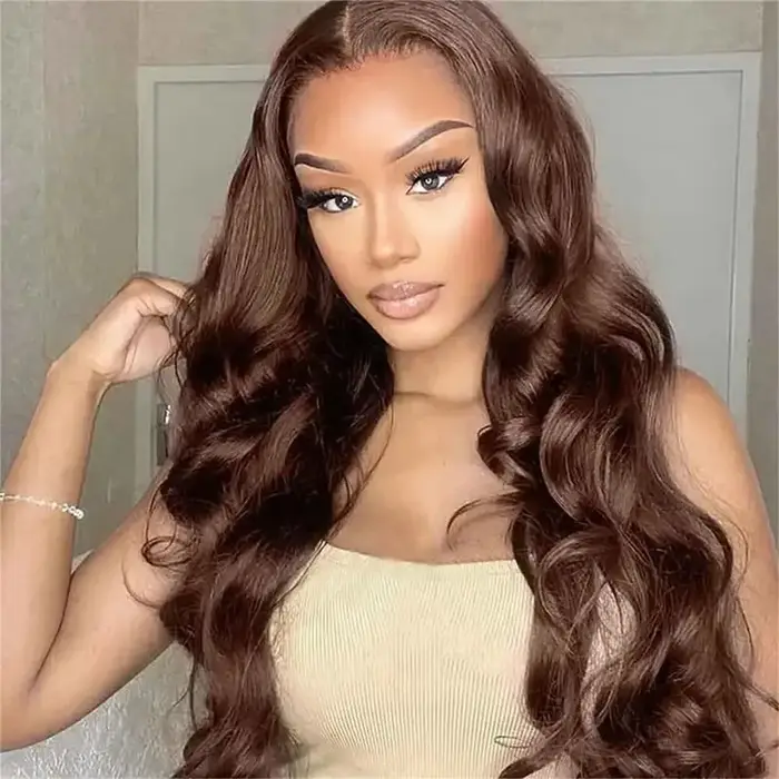 Perruque Lace Frontale HD 13x4 13x6 en Cheveux Humains, Ondulée, Marron Chocolat, Densité 200%, 30-3