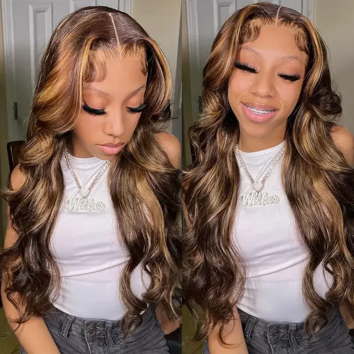Blonde Highlight Body Wave Lace Front Perruque de cheveux humains pour femme, HD 13tage, 13x6 Lace F