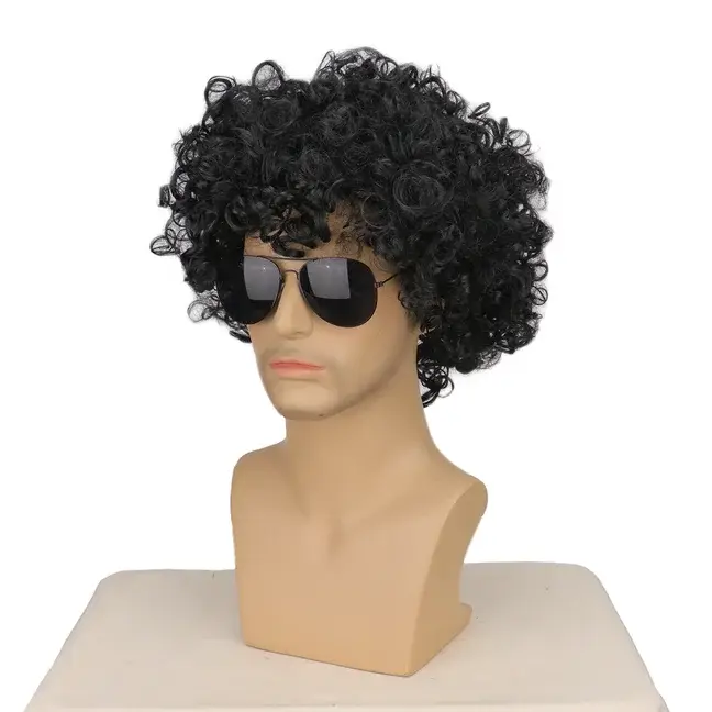 Perruque courte noire bouclée style rocker disco avec lunettes