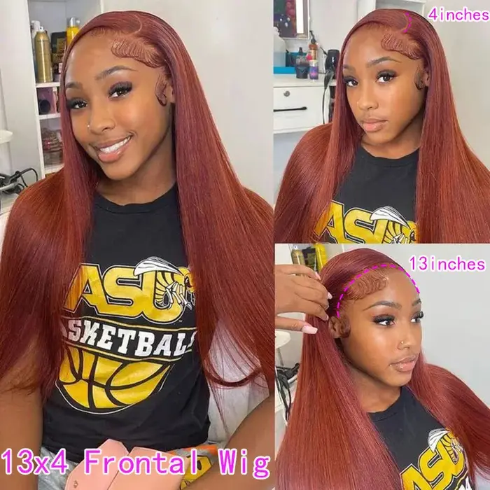 Perruque Lace Frontal Wig brésilienne naturelle lisse, cheveux lisses, brun rougeâtre, 32 pouces, 13