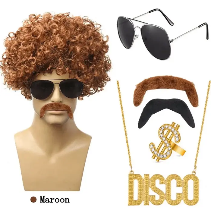 Perruque mulet des années 80 et 90, accessoires de tenue pour hommes, perruques synthétiques blondes résistantes à la chaleur pour hommes, perruque lunettes de soleil, collier foulard