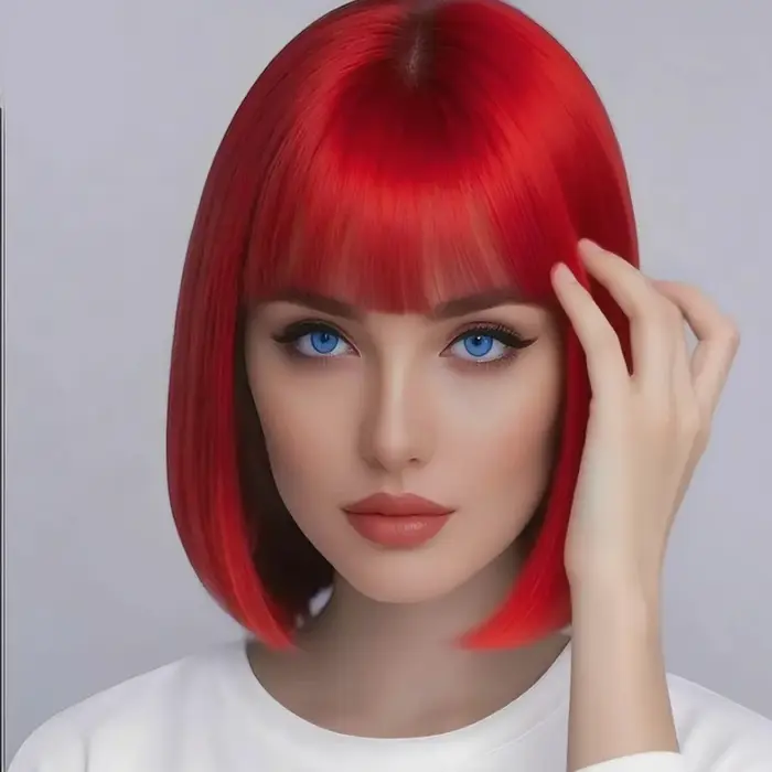 Perruque synthétique rouge de 12 pouces avec frange