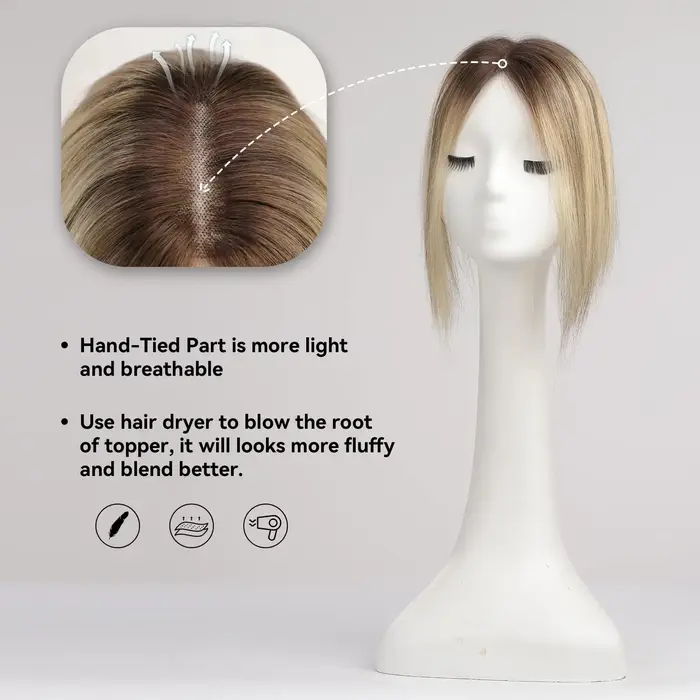 Femmes cheveux humains Toppers partie centrale Ombre brun clair blond toupet humain pièces de cheveu