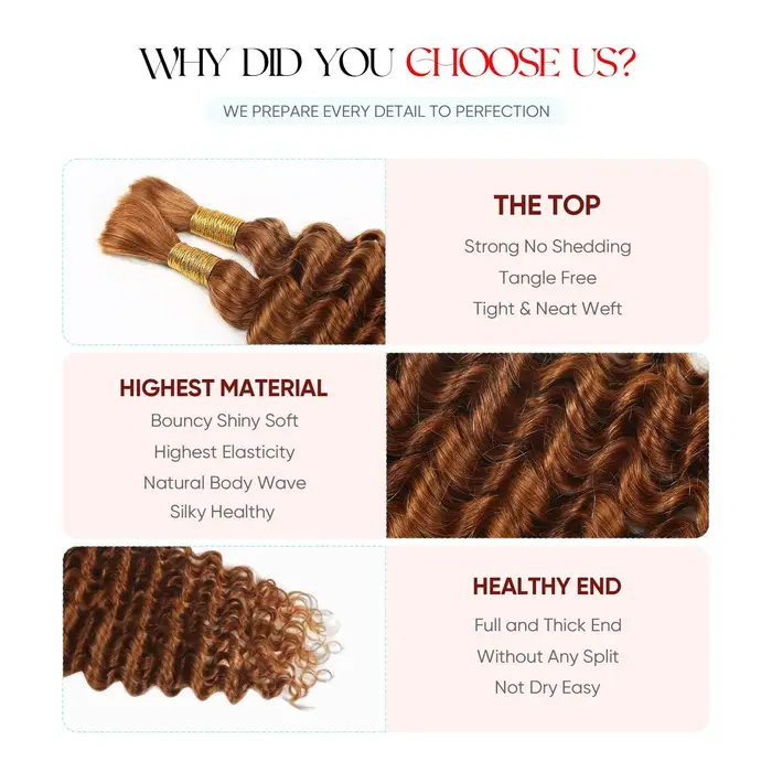 30 # Cheveux tressés humains brun Auburn vague profonde