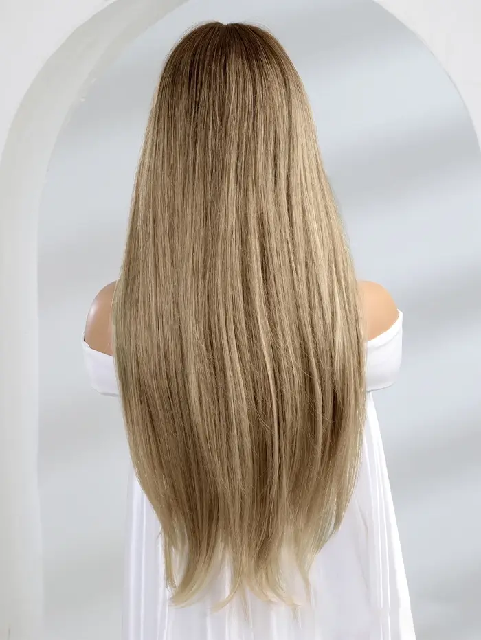 Perruque longue blonde et brune ombrée avec frange