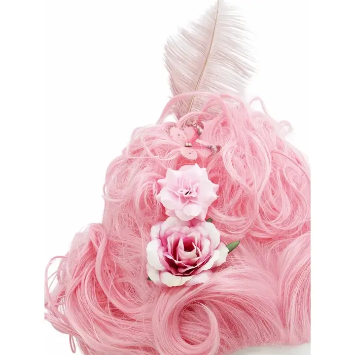 Perruque synthétique rose moelleuse de haute qualité | Coiffure de la reine avec des fleurs de plumes