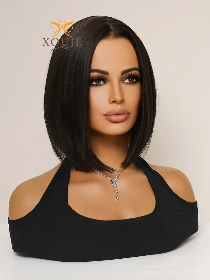 Perruque Synthétique Courte en Fibre Chimique pour Femme, Cheveux Bruns Noirs, Style Bob, Doux et Mi