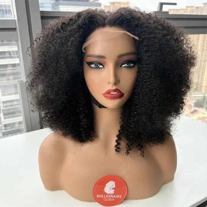 Millionaire reine sans colle perruque cheveux humains Afro crépus bouclés 5x5 fermeture dentelle per