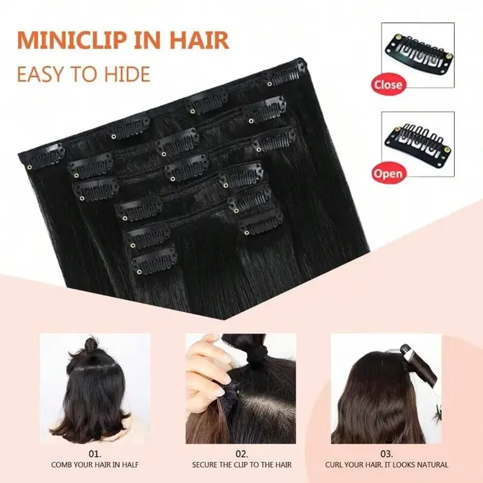 Extensions de cheveux naturels noirs lisses à clips