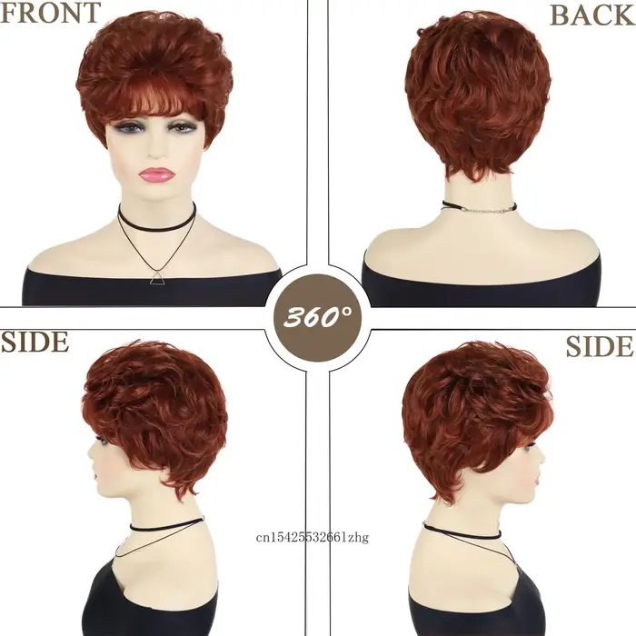 Perruques de cheveux rouges bouclés courts en fibres synthétiques perruque naturelle avec Bang femme