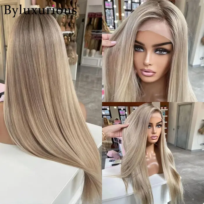 Byluxurious mettre en évidence cendré Mica gris droite 100% perruque de cheveux humains 13x 6/5x5 sans colle prêt à