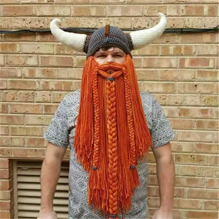 Chapeau Masque Cornes Viking Homme Barbu – Bonnets Hiver Amusants Faits Main pour Hommes – Accessoire de Fête de Noël