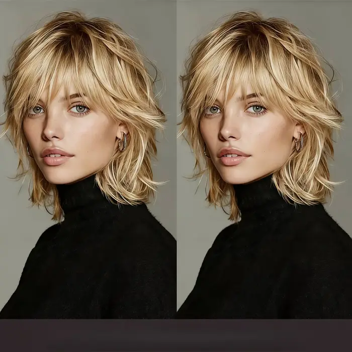 Perruque synthétique longue coupe pixie | Cheveux raides blonds miel à couches avec frange
