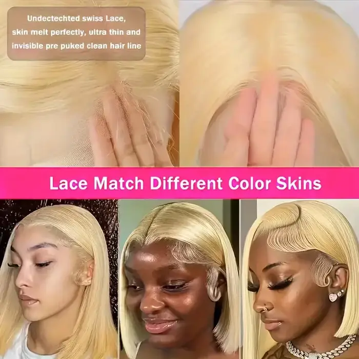 Perruques Courtes Blondes 613 Bob de 8 à 14 Pouces en Cheveux Humains avec Dentelle Frontale pour Fe