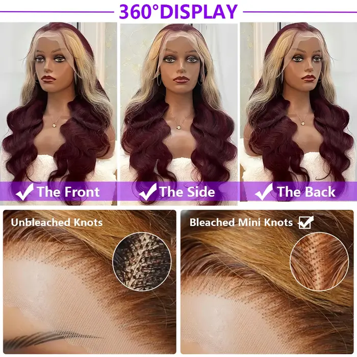 Perruques Lace Front 13x4 HD Transparentes Body Wave en Cheveux Humains Brésiliens, Couleur 99J/613 