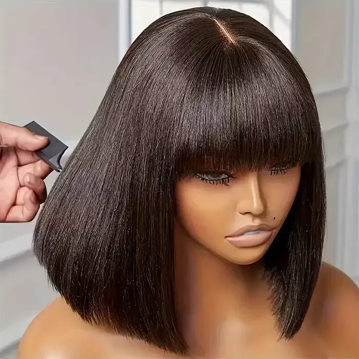 Perruque courte bouclée avec frange, entièrement fabriquée à la machine, en cheveux humains vierges 