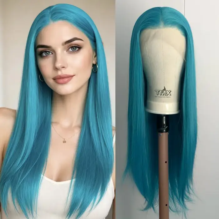Perruque bleu turquoise vif 13x4, perruque synthétique bleu aqua vibrant avec dentelle frontale pour