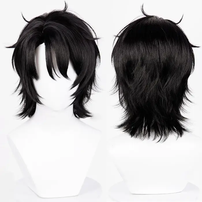 Perruque synthétique courte et lisse noire moelleuse pour hommes