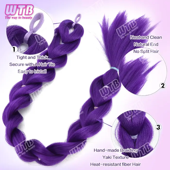 26 pouces violet tresses queue de cheval élastique pré tressage cheveux synthétiques violet Extensio