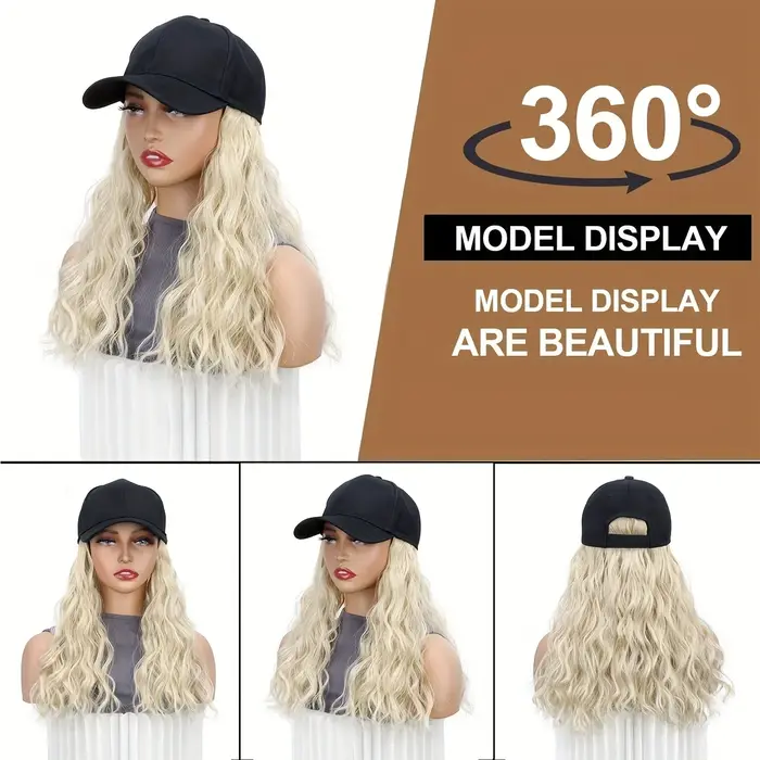 Perruque casquette de baseball en fibres synthétiques avec extensions de cheveux bouclés