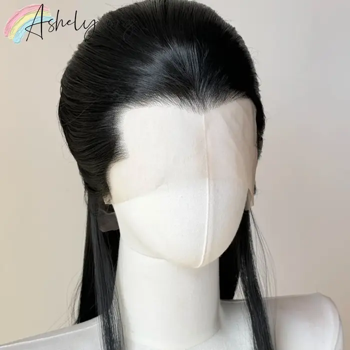 Ashely Widow's Peak Wig – Perruque synthétique noire à dentelle frontale 26 pouces 13*4, cheveux rai