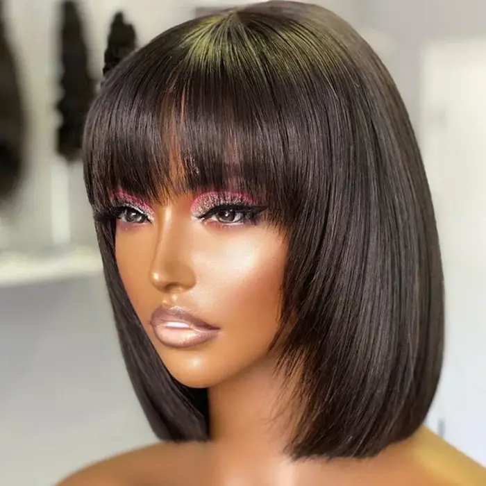 Perruque Bob brésilienne courte et lisse avec frange, cheveux naturels Remy, entièrement faite à la