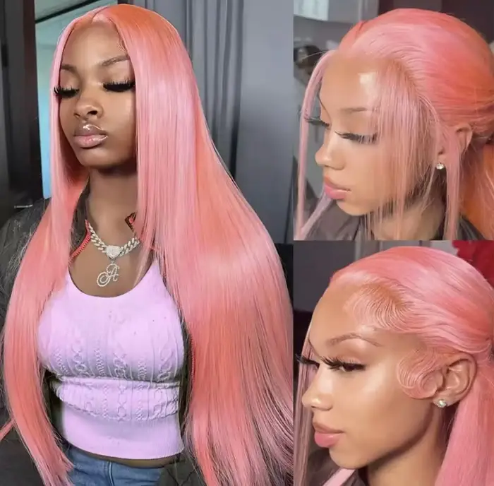 Perruque Lace Frontal Wig synthétique lisse et soyeuse de couleur rose