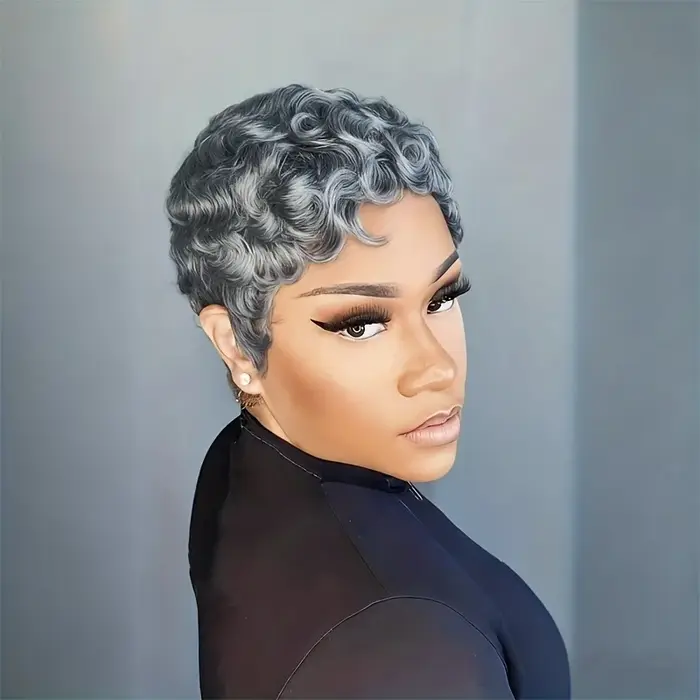 Perruque de cheveux humains 6 pouces gris naturel avec boucles lâches densité 180 %