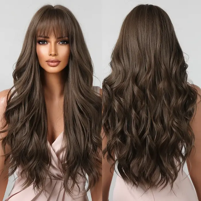 Perruques brunes ondulées avec frange pour femme, cheveux synthétiques naturels longs, degré de chal