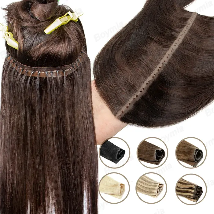 Extensions de trame papillon cheveux humains attachés à la main Invisible PU paquets trou plat Remy double onglets PU
