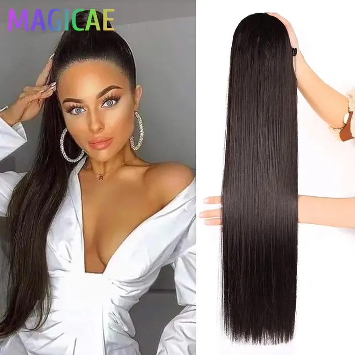 28 pouces queue de cheval droite Blonde 27/613 Extensions de cheveux avec Clips Ombre brun cordon coloré Bio haute température synthétique