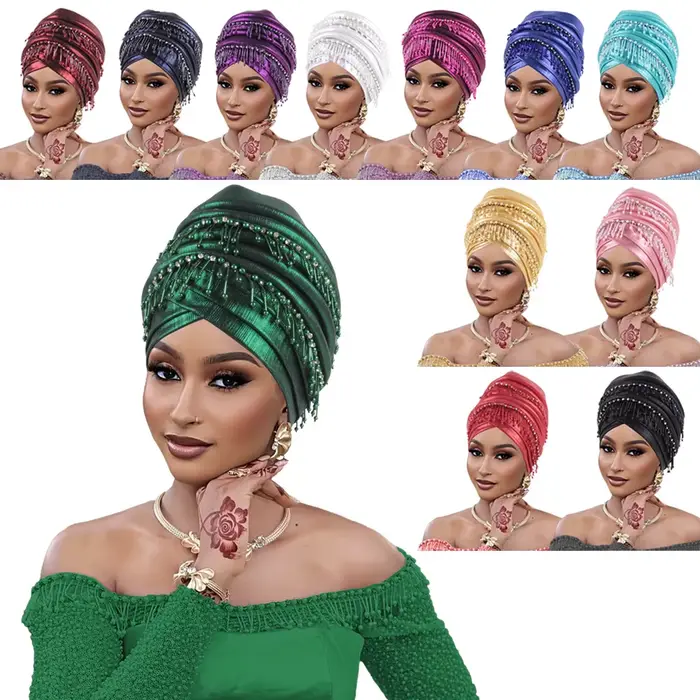 Couvre-chef africain femmes perles glands Turban casquette mariage nigérian Auto Gele fête casque tête enveloppement Hijab Bonnet chapeau coiffure
