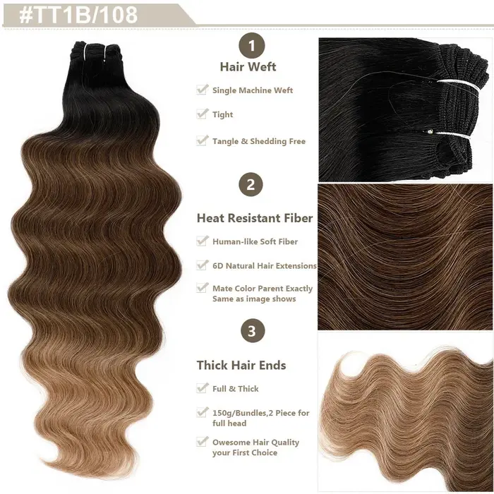 30 pouces 200 grammes surbrillance blonde 27/613 Ombre Brown 6 # Extension de cheveux synthétiques à haute température, Body Wave, Bio-Protain