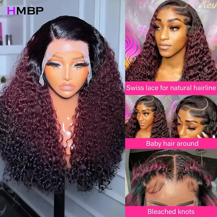 Ombre bordeaux 400 densité sans colle perruques cheveux humains vin rouge crépus bouclés 13x4 dentelle frontale perruque