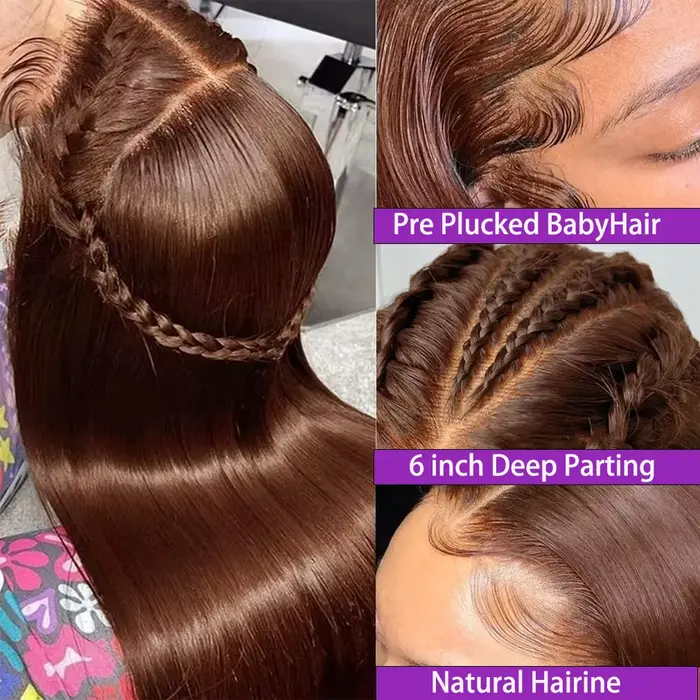 Perruque Lace Frontal Wig naturelle brésilienne Remy, cheveux lisses, brun chocolat, 13x6, pre-pluck