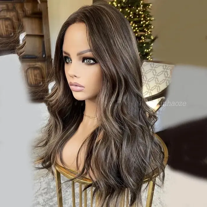Perruque de couleur brune foncée avec reflets 13x4 Frontal HD mélange de dentelle cheveux humains naissance