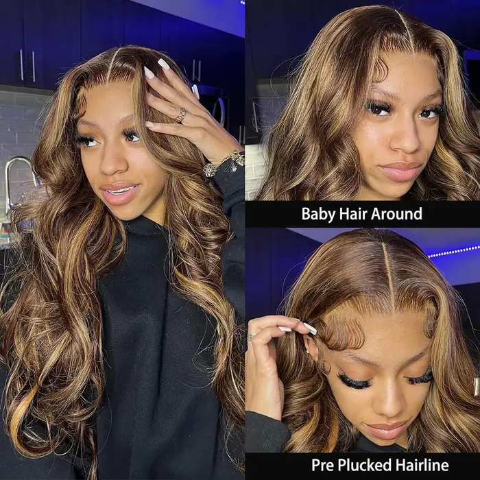Blonde Highlight Body Wave Lace Front Perruque de cheveux humains pour femme, HD 13tage, 13x6 Lace F