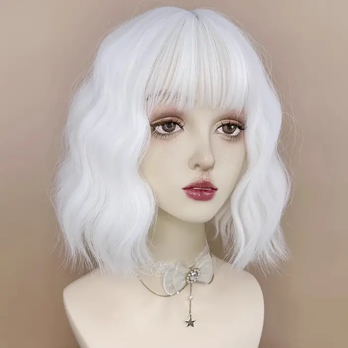 MSIWIGS – perruque synthétique courte ondulée blanche bouclée avec frange pour femmes