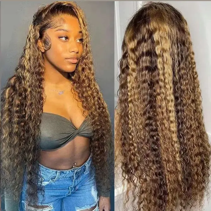 Perruque Lace Frontal Wig naturelle bouclée ombrée à reflets blonds