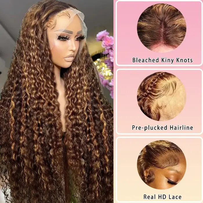 Perruques bouclées blond miel 13x6 sans colle perruque à reflets cheveux humains prêt à porter Ombre couleur