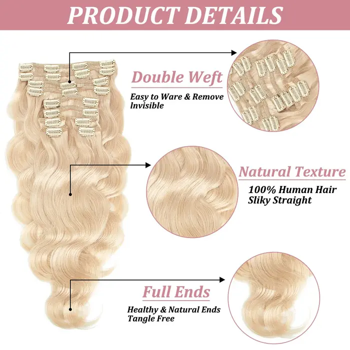 Clip de vague de corps dans les Extensions de cheveux humains brésilien 100% Remy cheveux humains 10