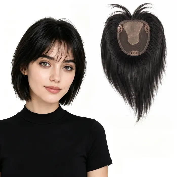 Extensions capillaires naturelles brésiliennes en T-part avec frange 3D à clipser pour femmes, couvrant la perte de cheveux, en cheveux humains