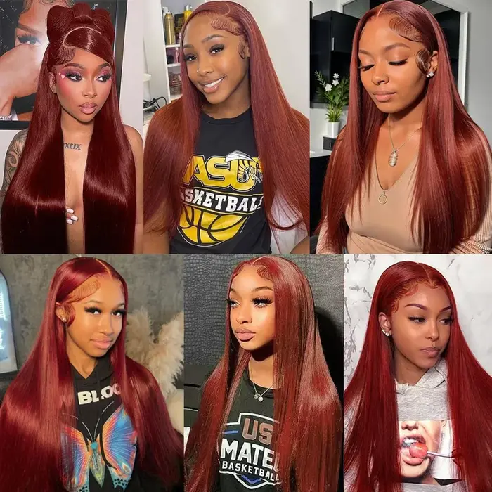 Perruque Lace Closure Wig Brésilienne Naturelle, Cheveux Lisses, Brun Rousse, Auburn, Cuivre, 4x4, D