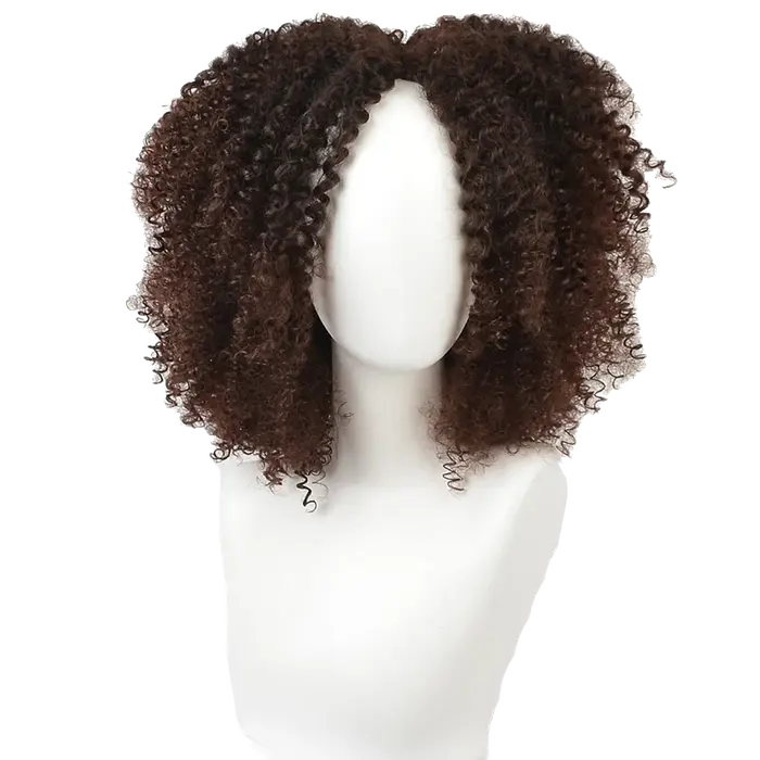 Perruque Afro Bouclée Frisée Marron avec Raie au Milieu